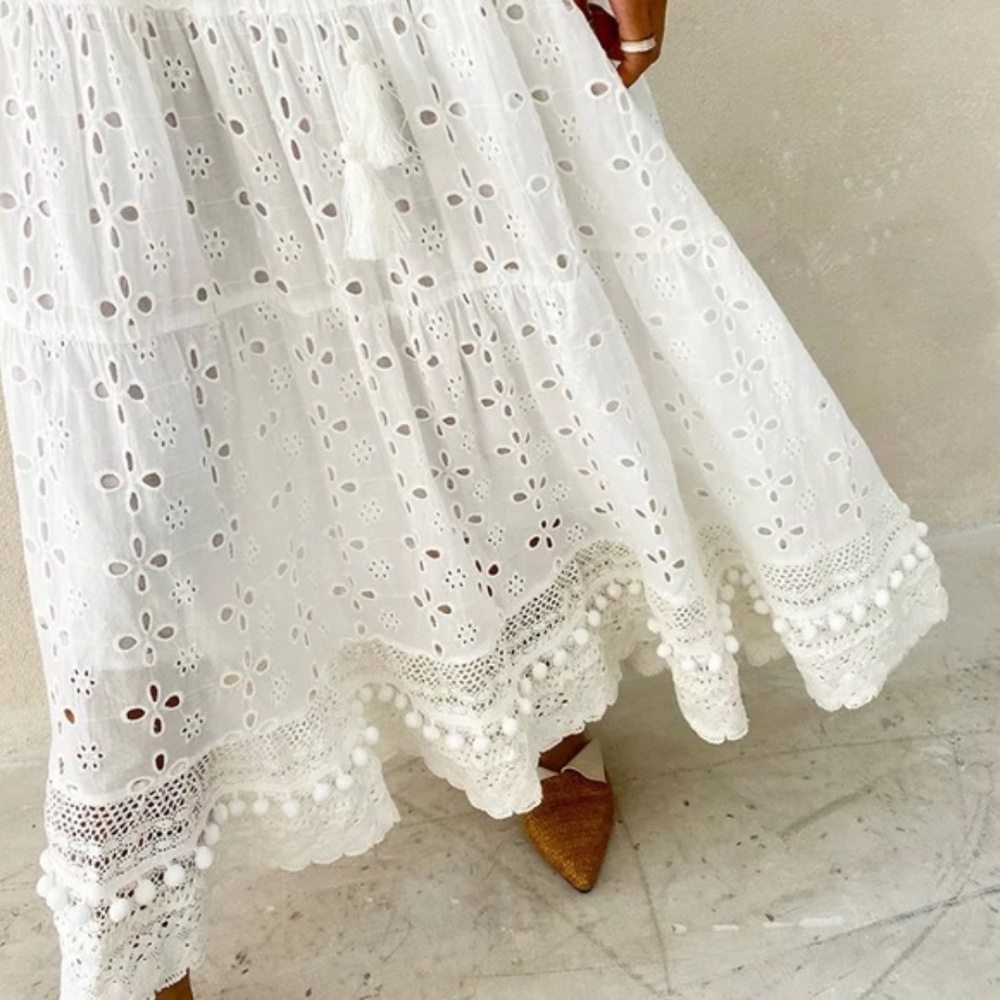 SOLD OUT White Eyelet Pompom Trim Tassel Boho Maxi Skirt - Picture 8 of 8